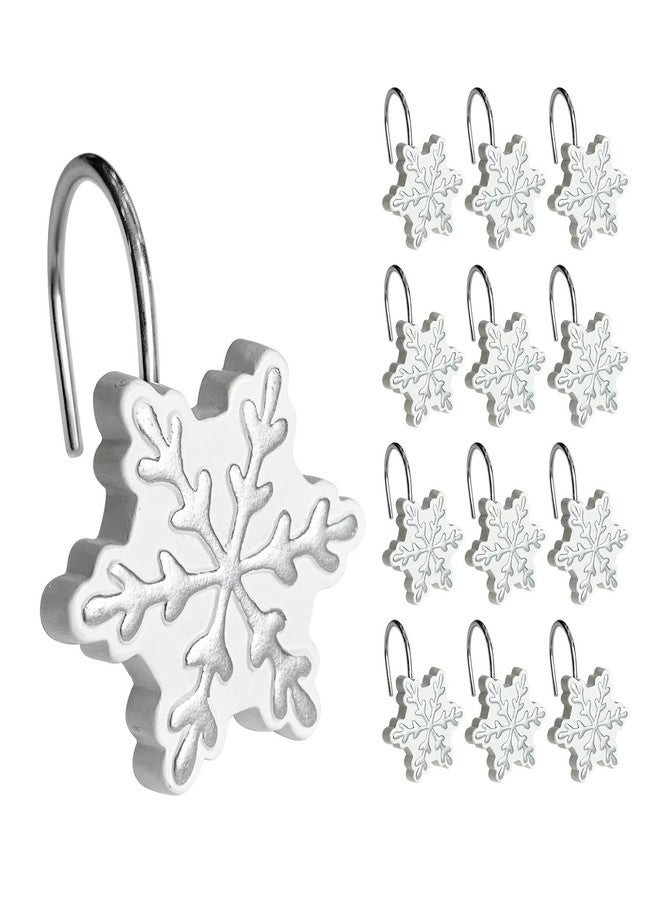 Sunlit Christmas Shower Curtain Hooks Silver Snowflakes Shower Curtain Rings, Resin, White Christmas Decor, Winter Bathroom Decoration - 12 Pack - Image 1