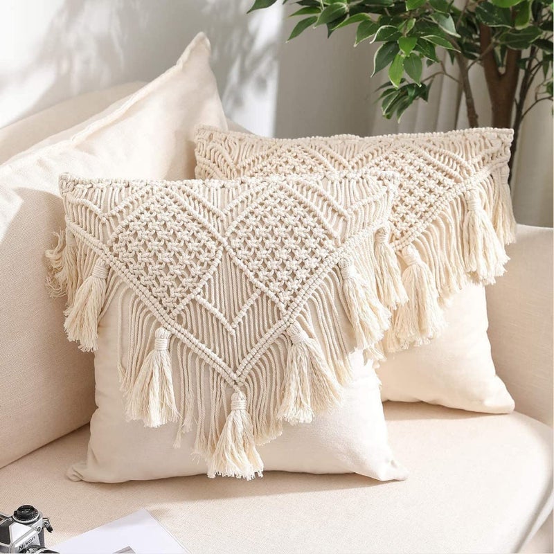 GUL DECOR غطاء وسادة ماكرامي قطن يدوي الصنع من جول ديكور بتصميم تجريدي 16 × 16 بوصة باللون الأبيض الفاتح 1 قطعة - Image 1