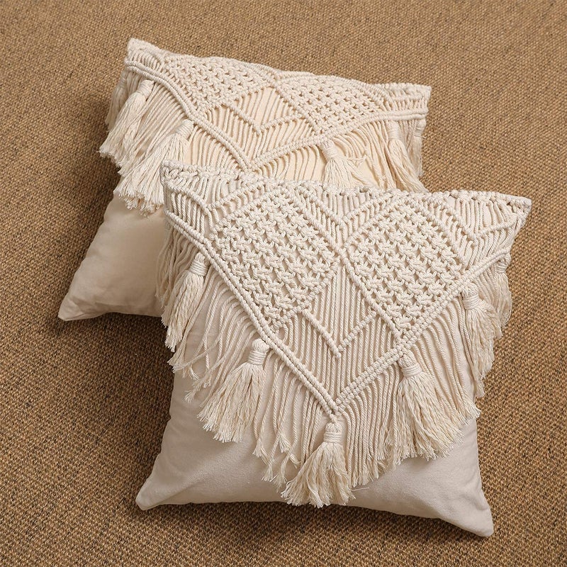 GUL DECOR غطاء وسادة ماكرامي قطن يدوي الصنع من جول ديكور بتصميم تجريدي 16 × 16 بوصة باللون الأبيض الفاتح 1 قطعة - Image 5