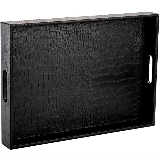 Black Serving Tray with Handles Decorative Ottoman Tray in Alligator Faux Leather 17x12 Inch Rectangular for Coffee Table Living Room Bed or Dressing Table