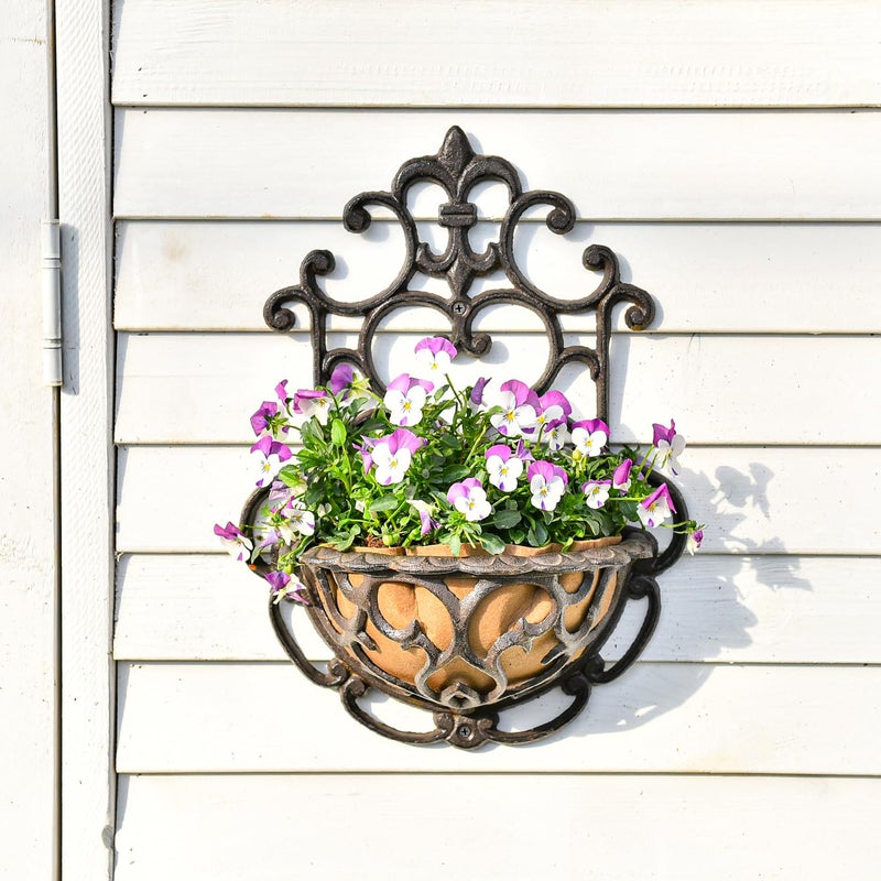Sungmor 2 Pack Wall Hanging Planter Basket with Fabric Liner, Antique Victoria Style Cast Iron Wall Planter Holder, Outdoor Railing Fence Balcony Metal Hanging Basket Half Round Flower Pots - Image 2