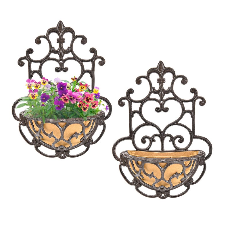Sungmor 2 Pack Wall Hanging Planter Basket with Fabric Liner, Antique Victoria Style Cast Iron Wall Planter Holder, Outdoor Railing Fence Balcony Metal Hanging Basket Half Round Flower Pots - Image 1