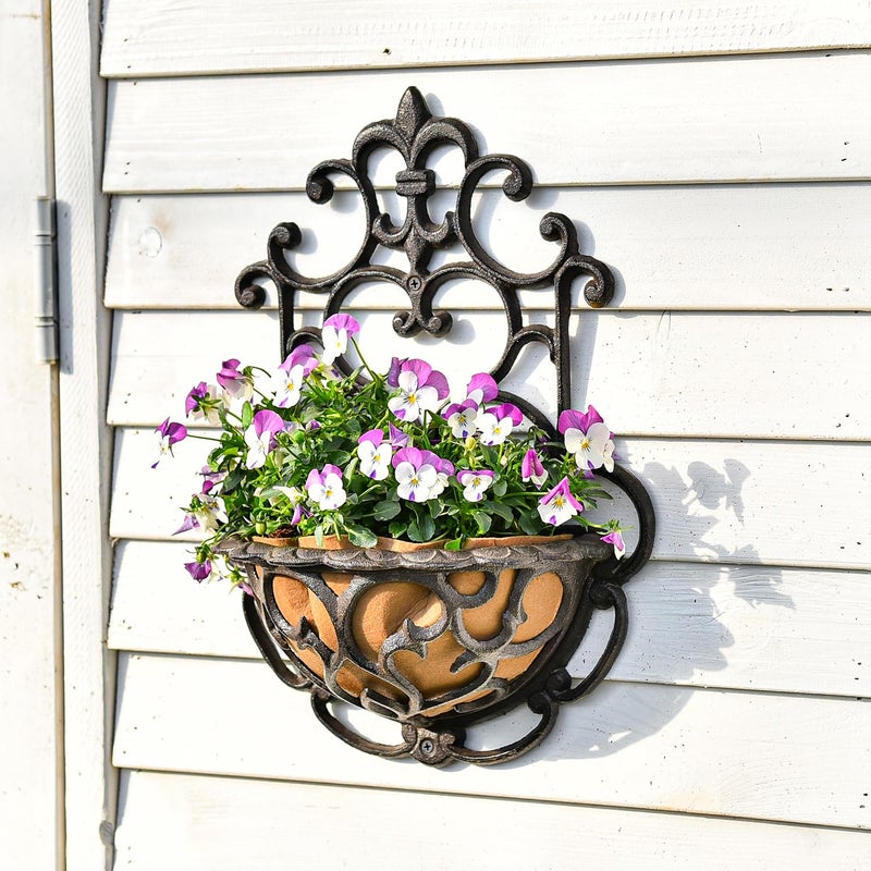 Sungmor 2 Pack Wall Hanging Planter Basket with Fabric Liner, Antique Victoria Style Cast Iron Wall Planter Holder, Outdoor Railing Fence Balcony Metal Hanging Basket Half Round Flower Pots - Image 3