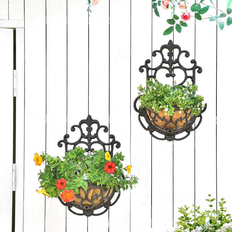 Sungmor 2 Pack Wall Hanging Planter Basket with Fabric Liner, Antique Victoria Style Cast Iron Wall Planter Holder, Outdoor Railing Fence Balcony Metal Hanging Basket Half Round Flower Pots - Image 5