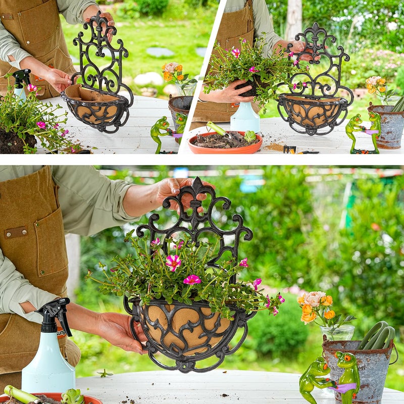 Sungmor 2 Pack Wall Hanging Planter Basket with Fabric Liner, Antique Victoria Style Cast Iron Wall Planter Holder, Outdoor Railing Fence Balcony Metal Hanging Basket Half Round Flower Pots - Image 4