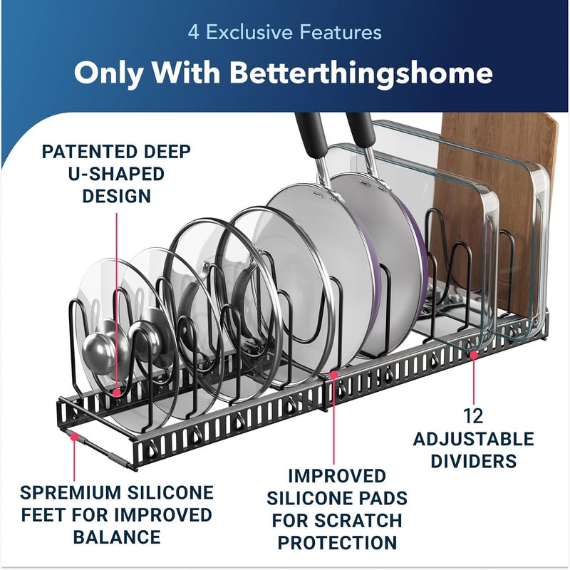 Better Things Home منظم أغطية الأواني والمقالي القابل للتوسيع 12+ للخزائن، حامل أغطية الأواني، منظمات الأواني داخل الخزانة، منظم الأواني والمقالي تحت الخزانة (رمادي داكن، منظم الأغطية) - Image 2