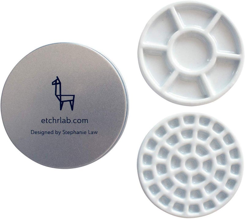 Etchr Mini Palette 37 Wells  Built for Watercolor Acrylic Oil and Gouache Paint  Professional Porcelain Paint Wells and Mixing Palette and Airtight Metal Tin  Perfect Travel Palette