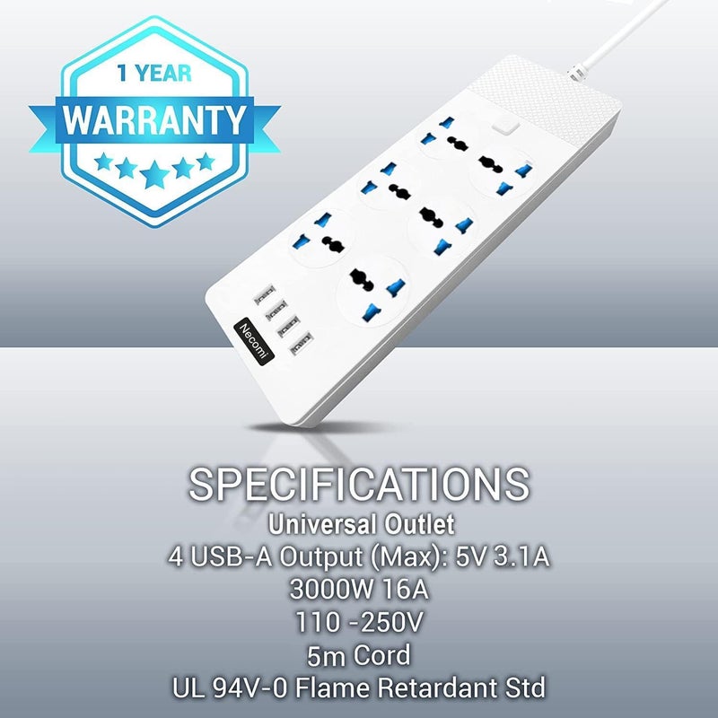 6 Gang Power Strip with 4 USB Ports and Surge Protection - 5M Extension Lead - Image 5