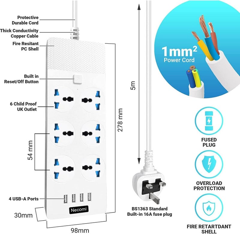 6 Gang Power Strip with 4 USB Ports and Surge Protection - 5M Extension Lead - Image 2