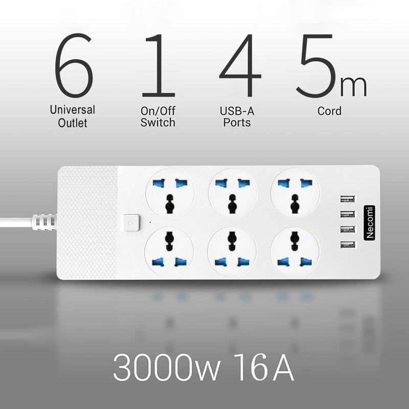 6 Gang Power Strip with 4 USB Ports and Surge Protection - 5M Extension Lead - Image 4