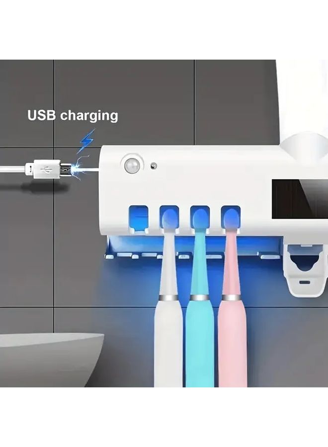 حامل فرشاة أسنان ذكي مثبت على الحائط مع موزع معجون أسنان ومحطة شحن USB، منظم حمام ثلاثي الوظائف، يتسع لـ 4 فرش، تصميم موفر للمساحة، لون أسود. - Image 1