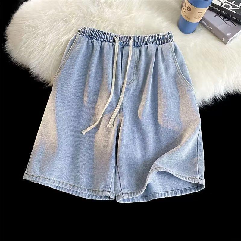 2024 New Fashion Hong Kong Style Ins Vintage Washed All-match Breathable Denim Shorts High Street Drawstring Loose Five Points 1021-1 light blue 