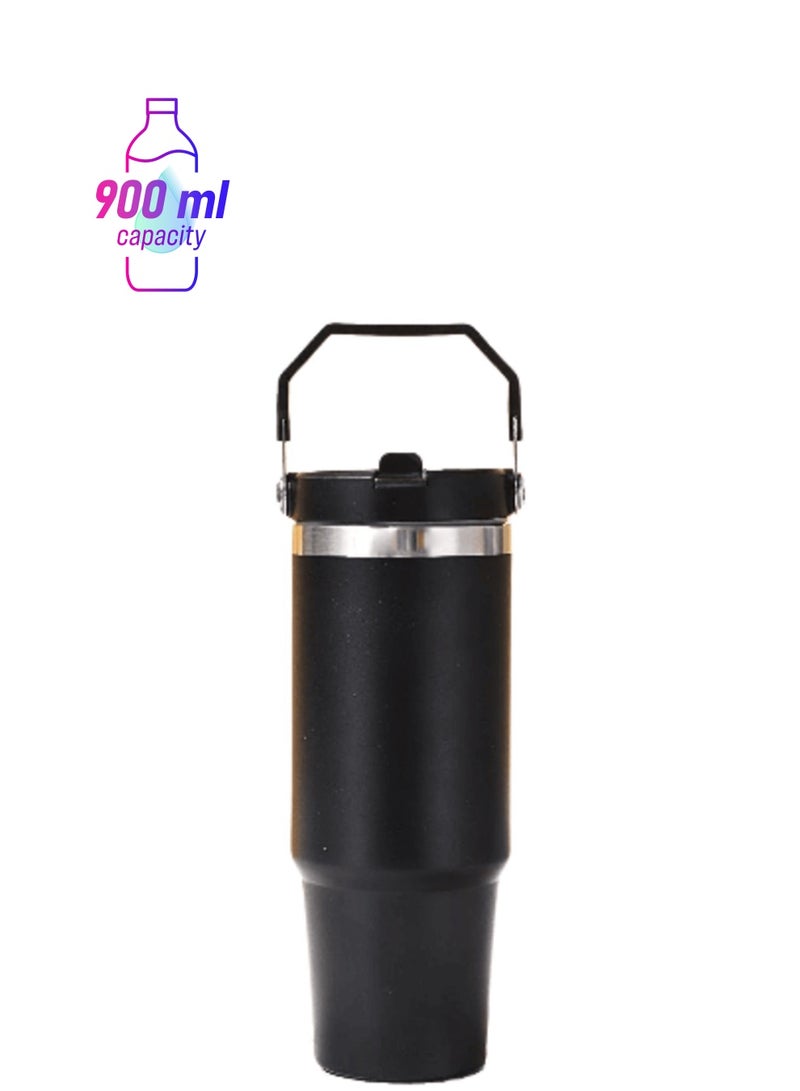 TIGER 900ml Stainless Steel Leak-Proof Travel Tumbler Mug – Double Wall Vacuum Insulated Sipper Bottle with Straw & Lid, Perfect for Car, Office, Travel & Gym (Black) - Image 1