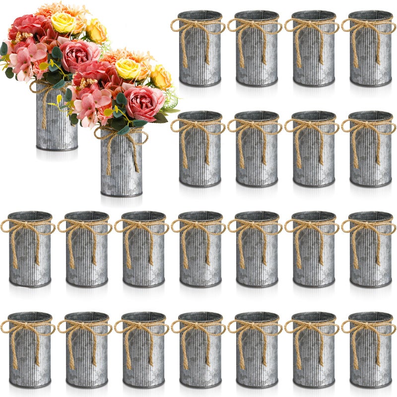 Domensi 433 Inch Petite Farmhouse Vase Decor Vintage Flower Vase with Twine Bow Rustic Galvanized Metal Buckets for Artificial Flowers for Table Centerpiece WeddingsIron Color24 Pcs