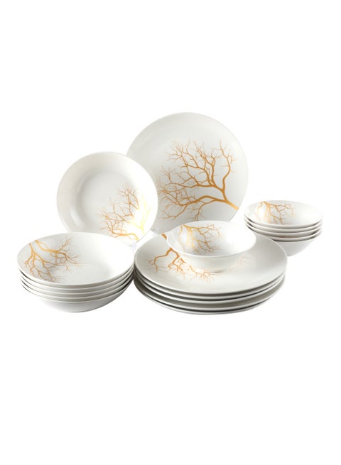 18 Piece Porcelain Dinnerware Set, 6x27cm Dinner Plates, 6x20cm Side Plates,, 6x15.5cm Bowls | Dishwasher and Microwave Safe | White and Gold