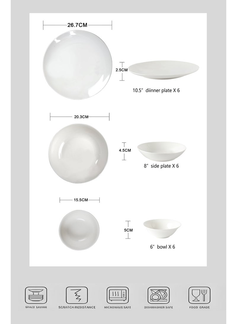 Noon East 18 Piece Porcelain Dinnerware Set, 6x27cm Dinner Plates, 6x20cm Side Plates,, 6x15.5cm Bowls | Dishwasher and Microwave Safe | White and Gold - Image 5