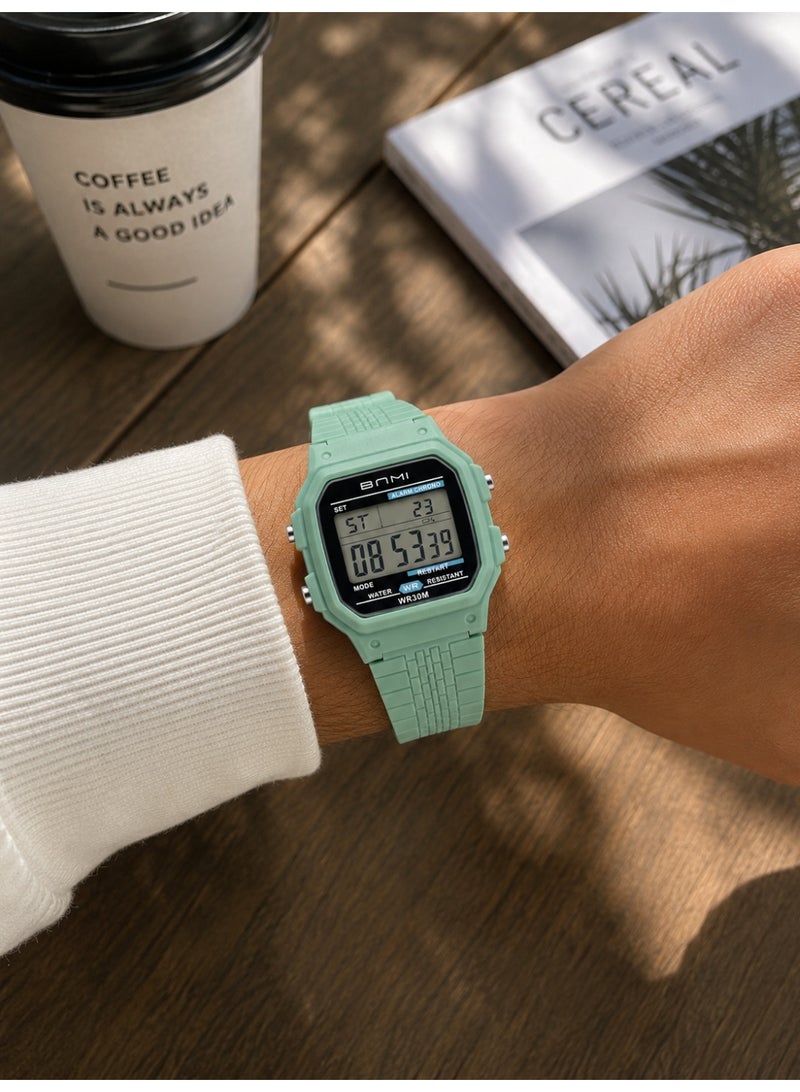 BnmI BNM Digital Sports Watch – Mint Green Resin Strap, WR30M - Image 2