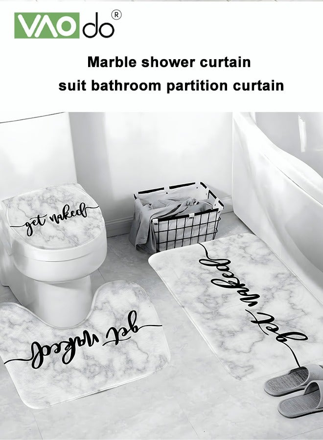 VAOdo 4PCS Printed Shower Curtain Set Polyester Material Marble Pattern Thickened Shower Curtain Set Includes Floor Mat Toilet Seat Cover Anti-skid Pad and Shower Curtain at The Bottom of Toilet RingHigh-de - Image 2