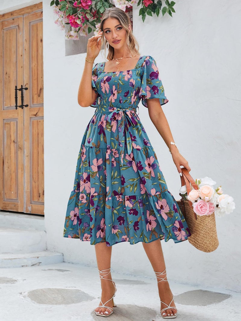 Amegoya Women's Flowy Summer Boho Floral Midi Dress Casual Square Neck Smocked Cottagecore Dress (Blue Floral L) - Image 2