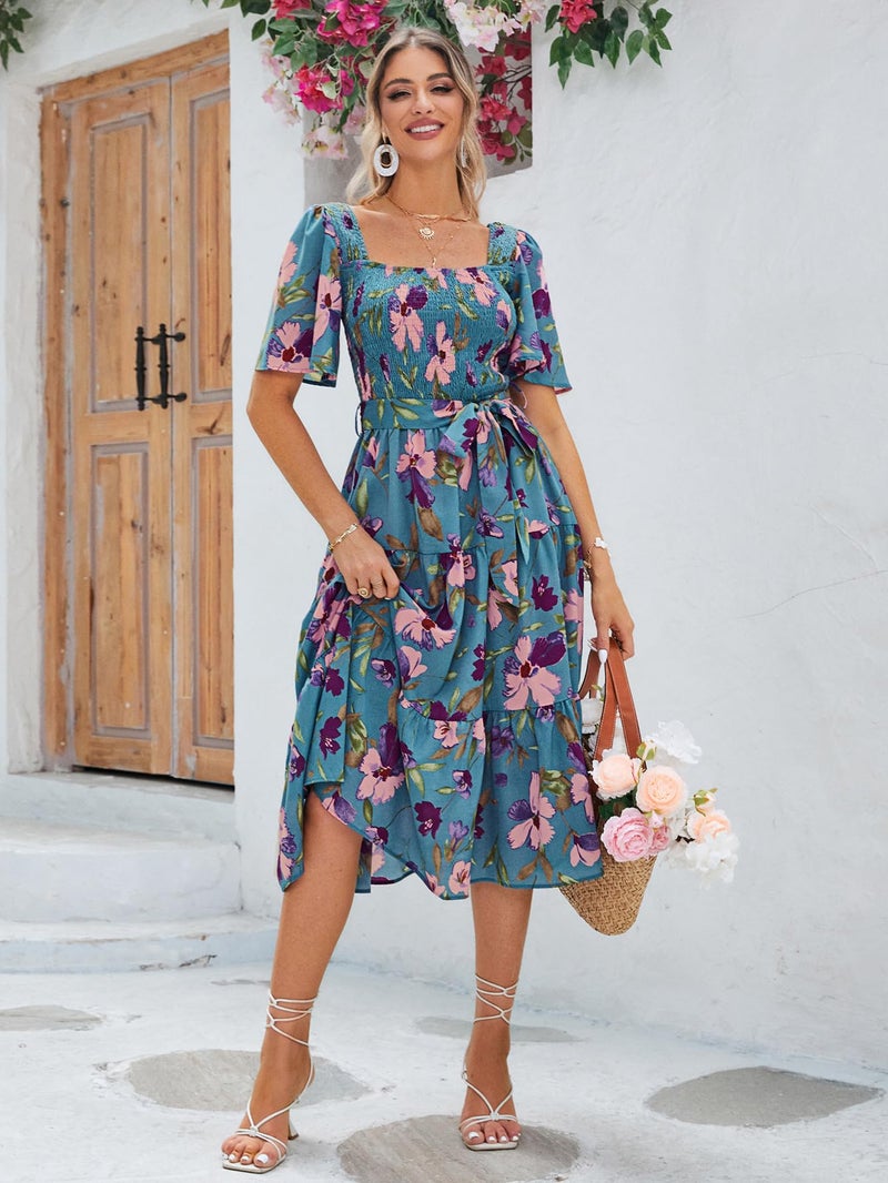 Amegoya Women's Flowy Summer Boho Floral Midi Dress Casual Square Neck Smocked Cottagecore Dress (Blue Floral L) - Image 5