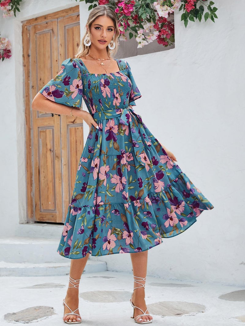 Amegoya Women's Flowy Summer Boho Floral Midi Dress Casual Square Neck Smocked Cottagecore Dress (Blue Floral L) - Image 3