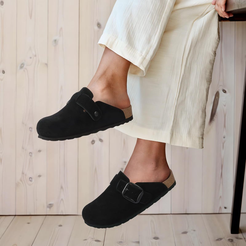 KIDMI Genuine Suede Clogs for Women Memory Foam Cork Footbed Potato Shoes Slip On Leather Mules with Big Buckle, Black Size 8.5-9 (40) - Image 2