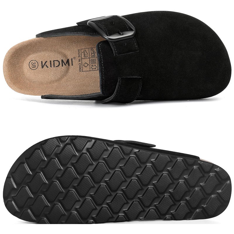 KIDMI Genuine Suede Clogs for Women Memory Foam Cork Footbed Potato Shoes Slip On Leather Mules with Big Buckle, Black Size 8.5-9 (40) - Image 3