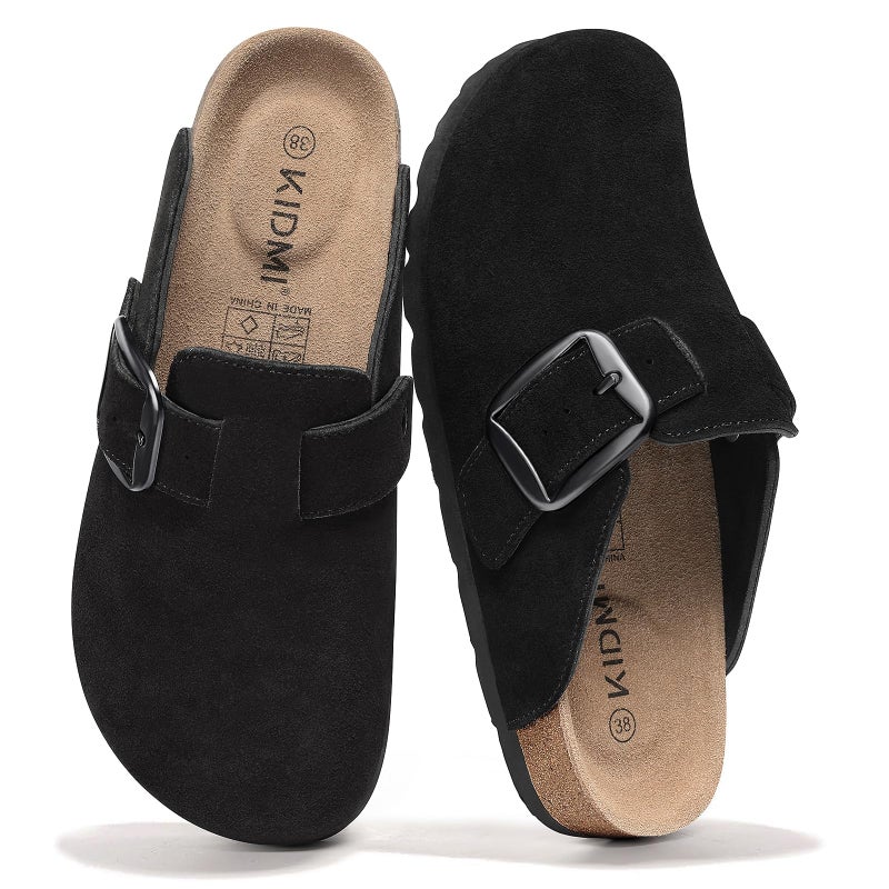 KIDMI Genuine Suede Clogs for Women Memory Foam Cork Footbed Potato Shoes Slip On Leather Mules with Big Buckle, Black Size 8.5-9 (40) - Image 1