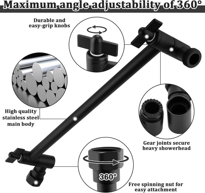 Enoughmen Rain Shower Head Extension 12 Inch Adjustable Rain Shower Head Extension Arm Stainless Steel Shower Head Holder G1/2 Universal Connector Compatible (Matte Black) - Image 3