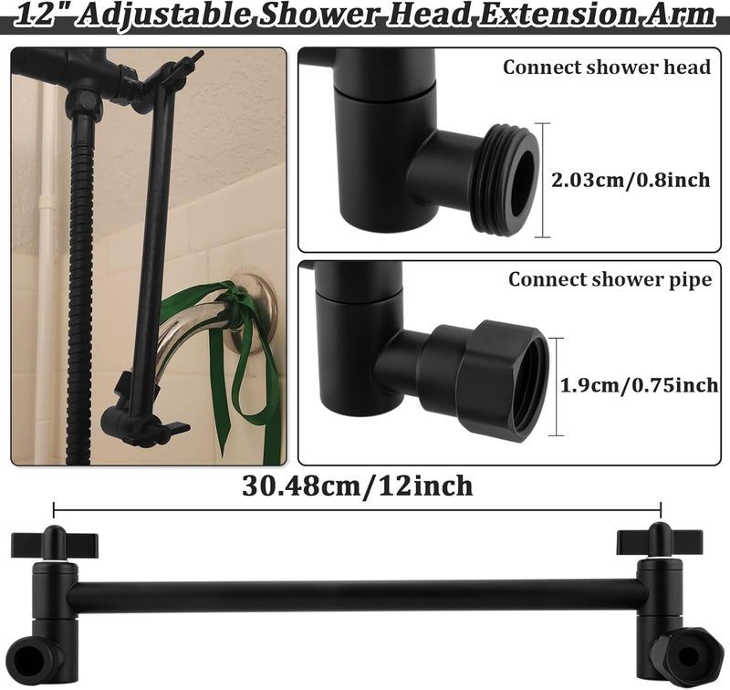 Enoughmen Rain Shower Head Extension 12 Inch Adjustable Rain Shower Head Extension Arm Stainless Steel Shower Head Holder G1/2 Universal Connector Compatible (Matte Black) - Image 2