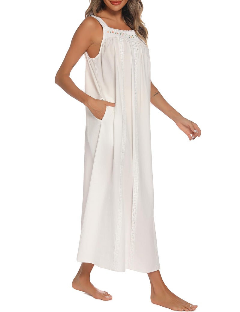 YOZLY Cotton Nightgowns for Women Embroidery Sleeveless Night Gown with Pockets, White, Large - Image 3