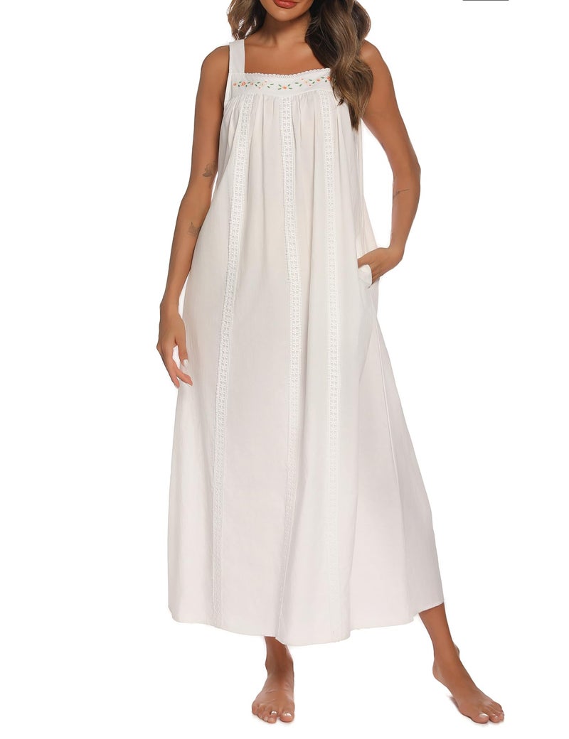 YOZLY Cotton Nightgowns for Women Embroidery Sleeveless Night Gown with Pockets, White, Large - Image 2