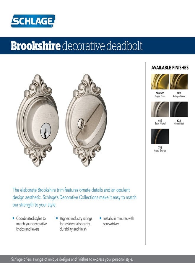 Schlage B60 N BRK 716 Deadbolt with Brookshire Trim, Keyed 1 Side, Highest Residential Security, Aged Bronze - Image 3
