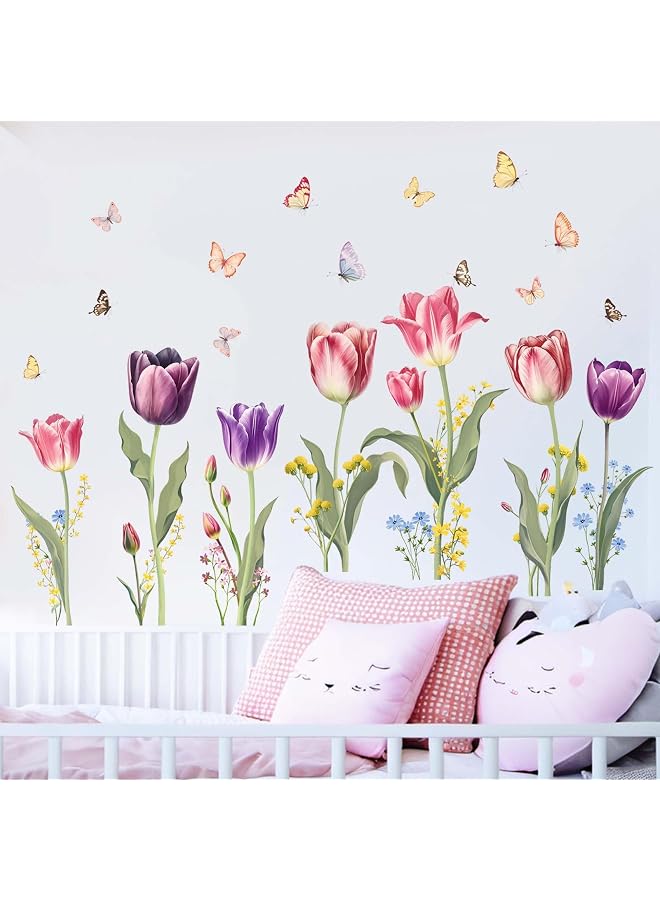 S-TOP Flower Wall Stickers for Girls Room: Peel and Stick Pink Wildflower Tulip Floral Wall Decals - Baby Nursery Girl Bedroom Living Room Home Art Wall Decor - Image 1
