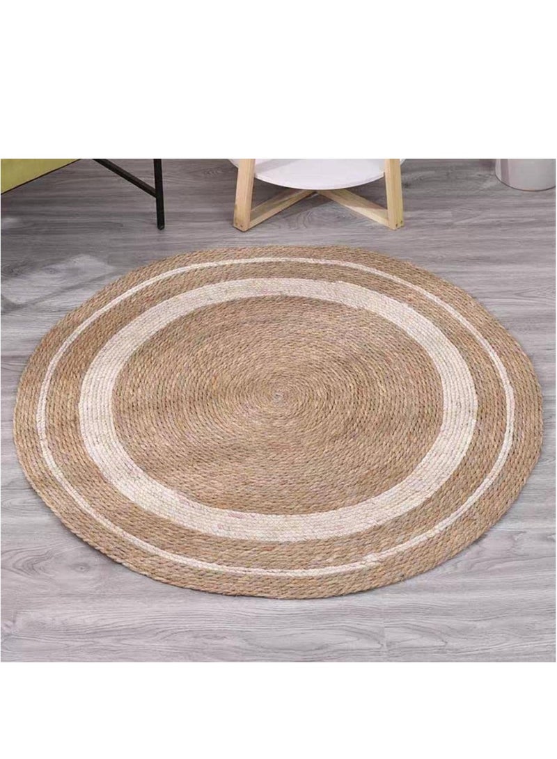LINGWEI Natural Jute Rug with White Line Handmade Braided Natural Jute Round Carpet For Living room Bedroom Hand Wooven Seagrass Jute Rug Carpet - Image 3