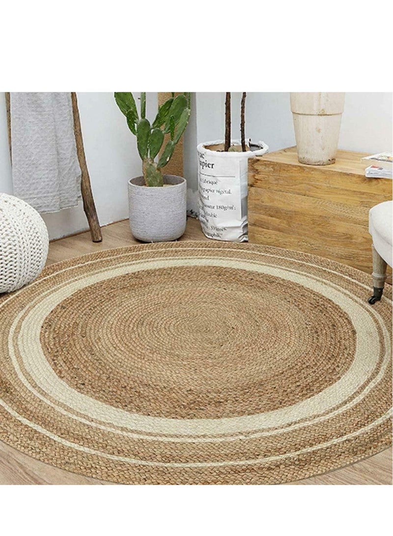 LINGWEI Natural Jute Rug with White Line Handmade Braided Natural Jute Round Carpet For Living room Bedroom Hand Wooven Seagrass Jute Rug Carpet - Image 4