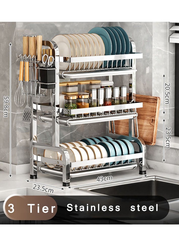 CityRiya-Long Dish Drying Rack,  Stainless Steel Dish Rack for Kitchen Counter, 3 Tier Kitchen Dish Drying Rack with Utensil Holder, 43*23.5*59.8cm Kitchen Organizers and Storage Rack, Large Capacity Dish Drainer  - Image 2