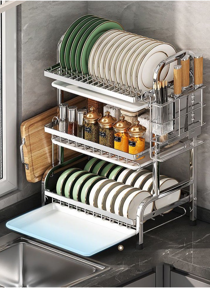 CityRiya-Long Dish Drying Rack,  Stainless Steel Dish Rack for Kitchen Counter, 3 Tier Kitchen Dish Drying Rack with Utensil Holder, 43*23.5*59.8cm Kitchen Organizers and Storage Rack, Large Capacity Dish Drainer  - Image 4