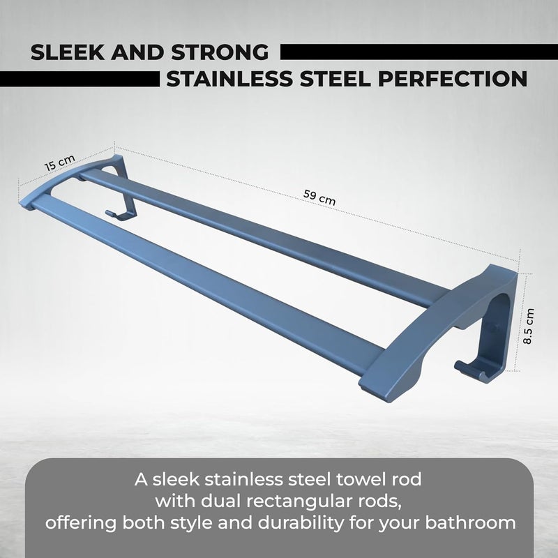 iBELL 59 cm (23-Inch) Wall-Mounted Double Towel Rod with Hooks | Stainless Steel Bathroom Towel Holder | Dark Grey Chrome Finish - Image 5