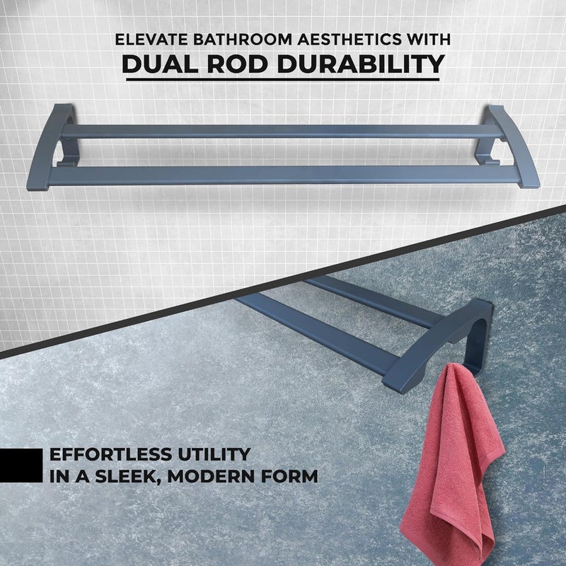 iBELL 59 cm (23-Inch) Wall-Mounted Double Towel Rod with Hooks | Stainless Steel Bathroom Towel Holder | Dark Grey Chrome Finish - Image 3