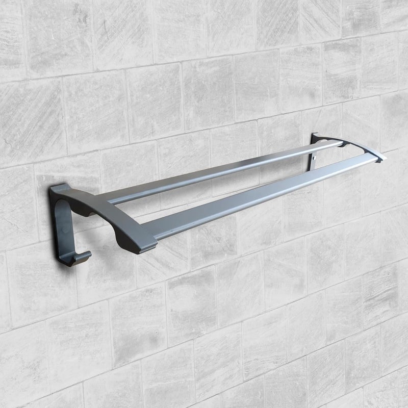 iBELL 59 cm (23-Inch) Wall-Mounted Double Towel Rod with Hooks | Stainless Steel Bathroom Towel Holder | Dark Grey Chrome Finish - Image 1