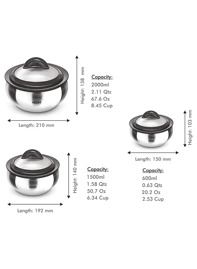 Milton 3-Piece Casserole Set (610ml, 1.33L, 1.78L) Double-Walled Insulated Stainless Steel Hotpot, Keeps Food Hot/Cold for Hours, Perfect for Serving Chapati, Roti, Biryani and More - Clarion - Silver Silver