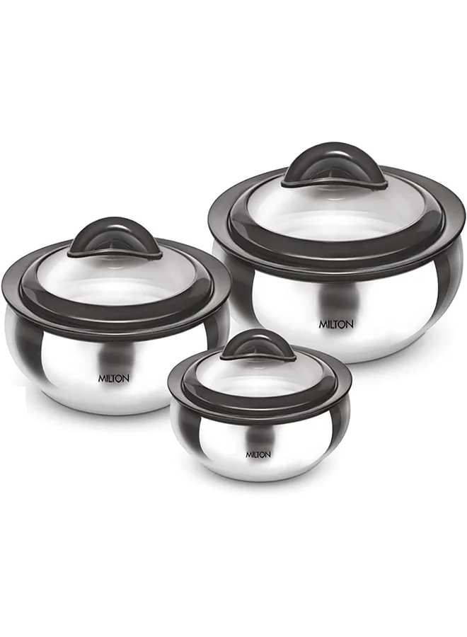 Milton 3-Piece Casserole Set (610ml, 1.33L, 1.78L) Double-Walled Insulated Stainless Steel Hotpot, Keeps Food Hot/Cold for Hours, Perfect for Serving Chapati, Roti, Biryani and More - Clarion - Silver Silver