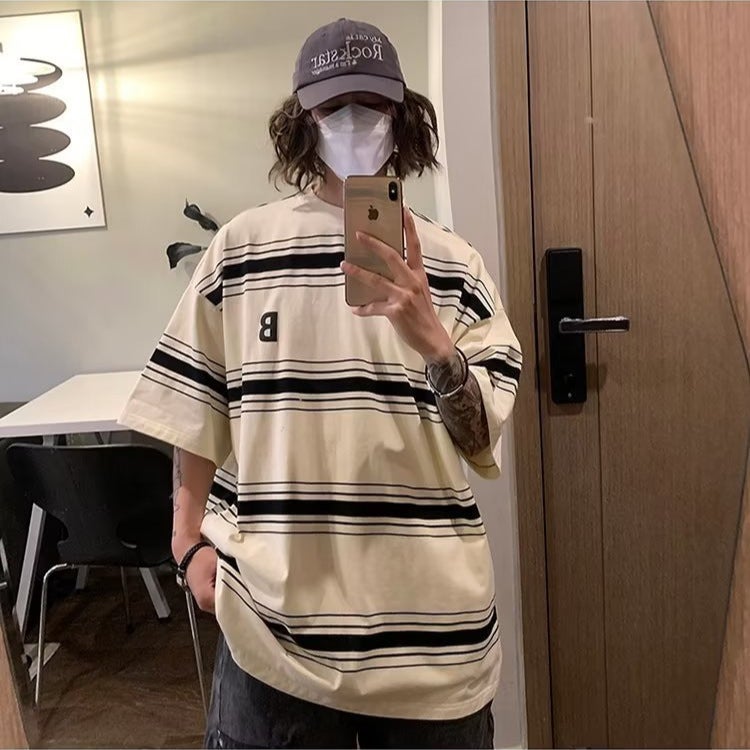 Summer American Striped Short-Sleeved T-Shirt Boys Trendy Brand Fashion Couple Loose Casual Round Neck Half Sleeve - Image 3