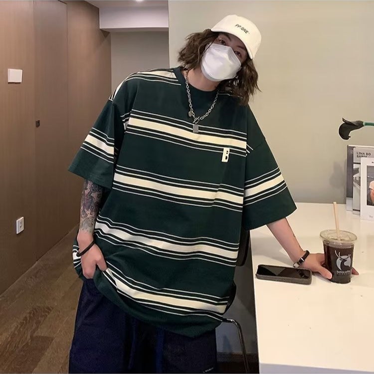 Summer American Striped Short-Sleeved T-Shirt Boys Trendy Brand Fashion Couple Loose Casual Round Neck Half Sleeve - Image 4