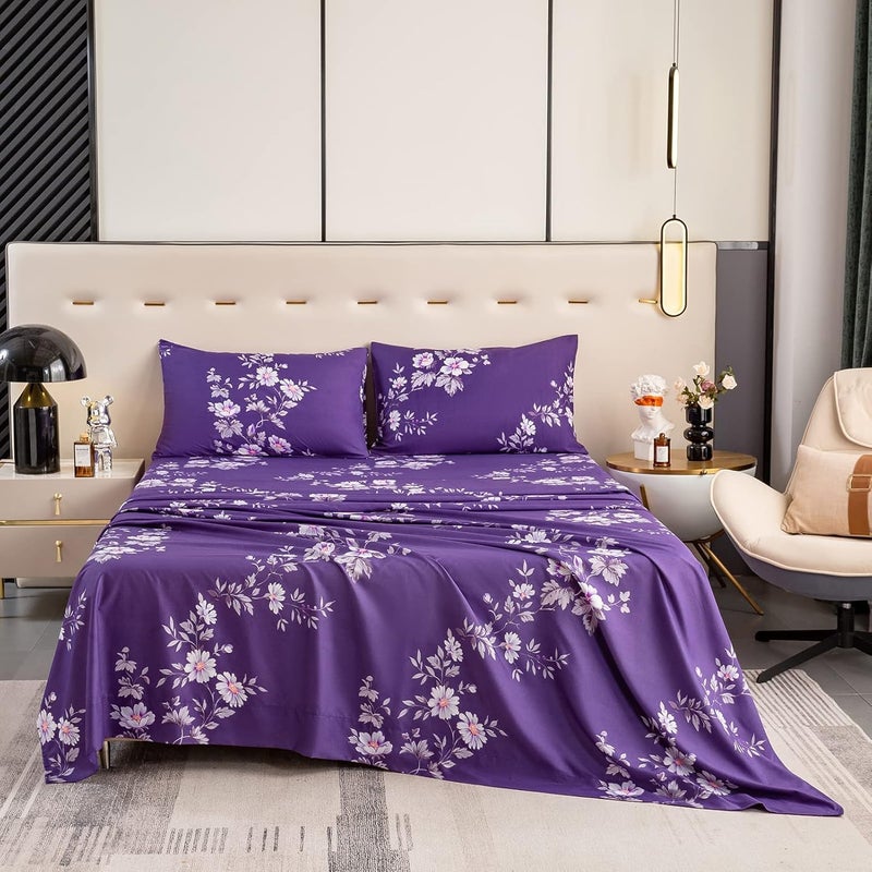 Bedlifes Queen Size Deep Pocket Sheet Sets-Fits Mattresses Up to 18-24" Thick 22"-4 PC Microfiber Extra Deep Pocket Sheets-1800 Thread Count Soft Smooth Breathable Dark Purple Floral(Queen) - Image 1