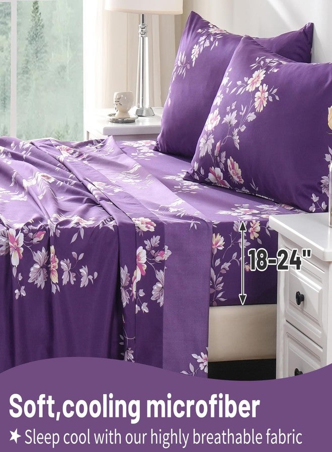 Bedlifes Queen Size Deep Pocket Sheet Sets-Fits Mattresses Up to 18-24" Thick 22"-4 PC Microfiber Extra Deep Pocket Sheets-1800 Thread Count Soft Smooth Breathable Dark Purple Floral(Queen) - Image 3