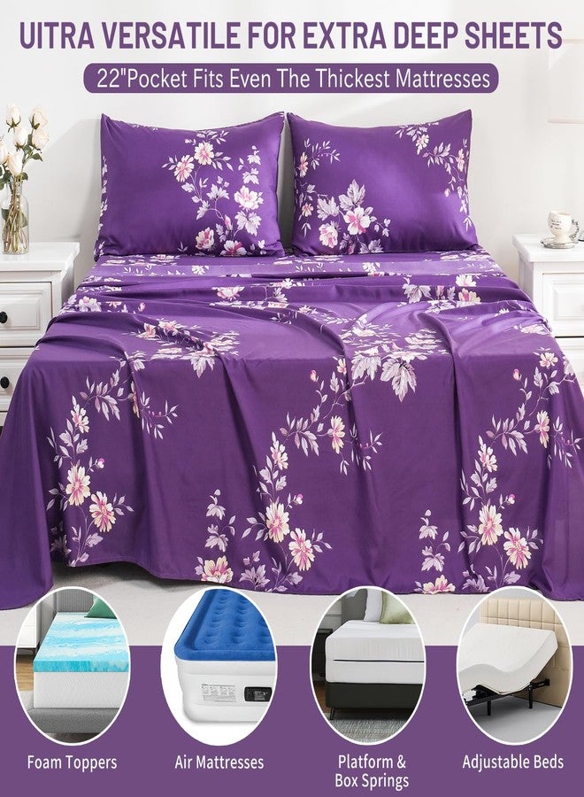 Bedlifes Queen Size Deep Pocket Sheet Sets-Fits Mattresses Up to 18-24" Thick 22"-4 PC Microfiber Extra Deep Pocket Sheets-1800 Thread Count Soft Smooth Breathable Dark Purple Floral(Queen) - Image 5