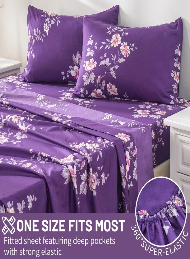 Bedlifes Queen Size Deep Pocket Sheet Sets-Fits Mattresses Up to 18-24" Thick 22"-4 PC Microfiber Extra Deep Pocket Sheets-1800 Thread Count Soft Smooth Breathable Dark Purple Floral(Queen) - Image 4