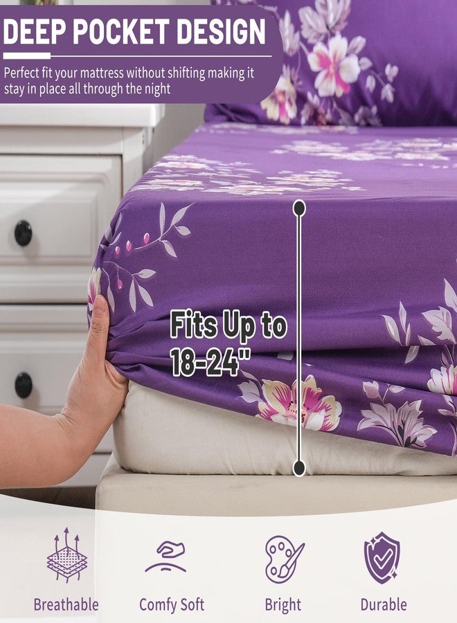 Bedlifes Queen Size Deep Pocket Sheet Sets-Fits Mattresses Up to 18-24" Thick 22"-4 PC Microfiber Extra Deep Pocket Sheets-1800 Thread Count Soft Smooth Breathable Dark Purple Floral(Queen) - Image 2